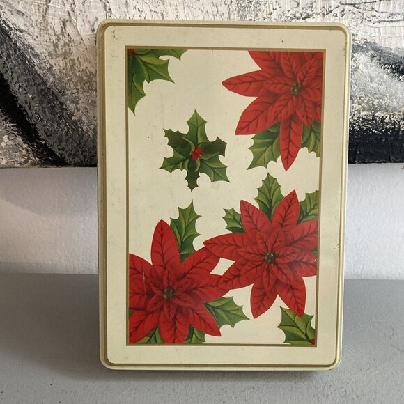 Vintage Red Poinsettia Flowers Litho Metal Tin - Picture 1 of 10